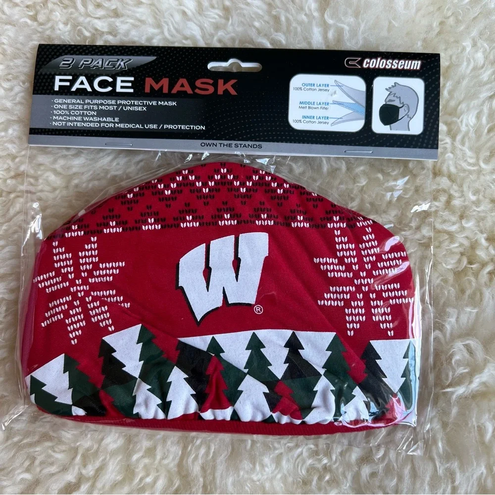 NWT Colosseum Wisconsin Badger Christmas holiday unisex face masks 2 pack